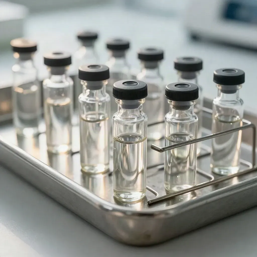 Macro of specimen vials in a stainless rack on brushed steel, one freshly seated.