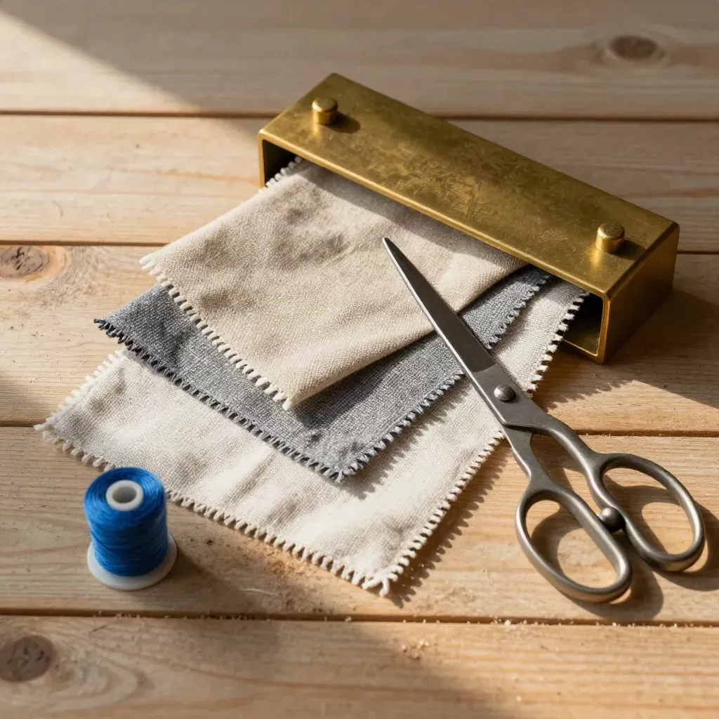 Linen swatches, brass weights, and tailor’s shears on pale wood