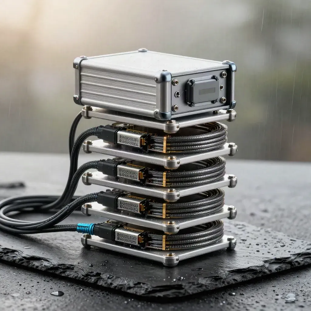Rain-beaded aluminum transfer cases, SSD cartridges, and cables stacked on a slate slab.