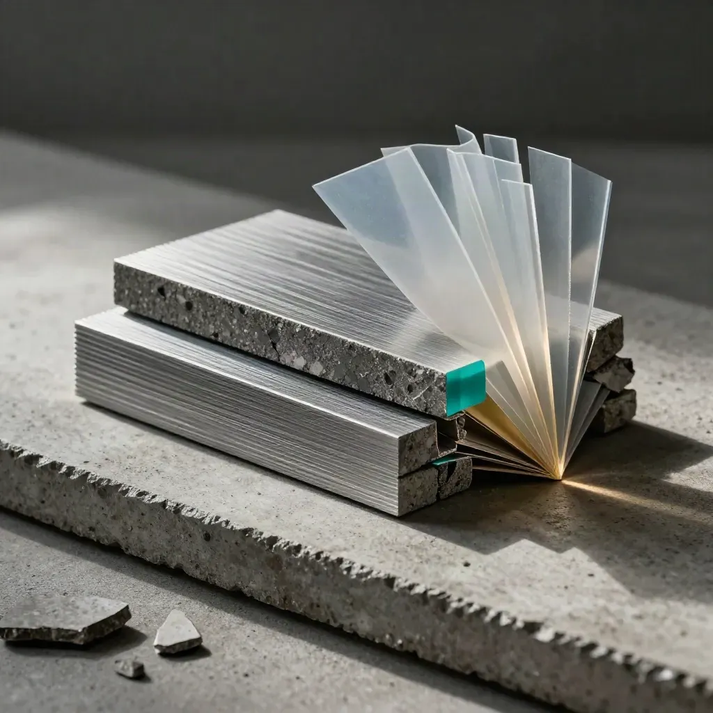 Architecture material samples on concrete with teal drafting film in dramatic side light.
