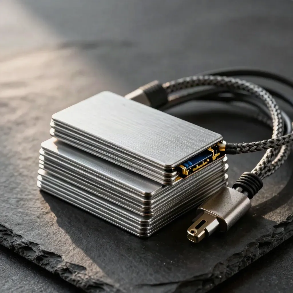 Memory-card cases, drive brick, and braided cables on dark slate with soft light
