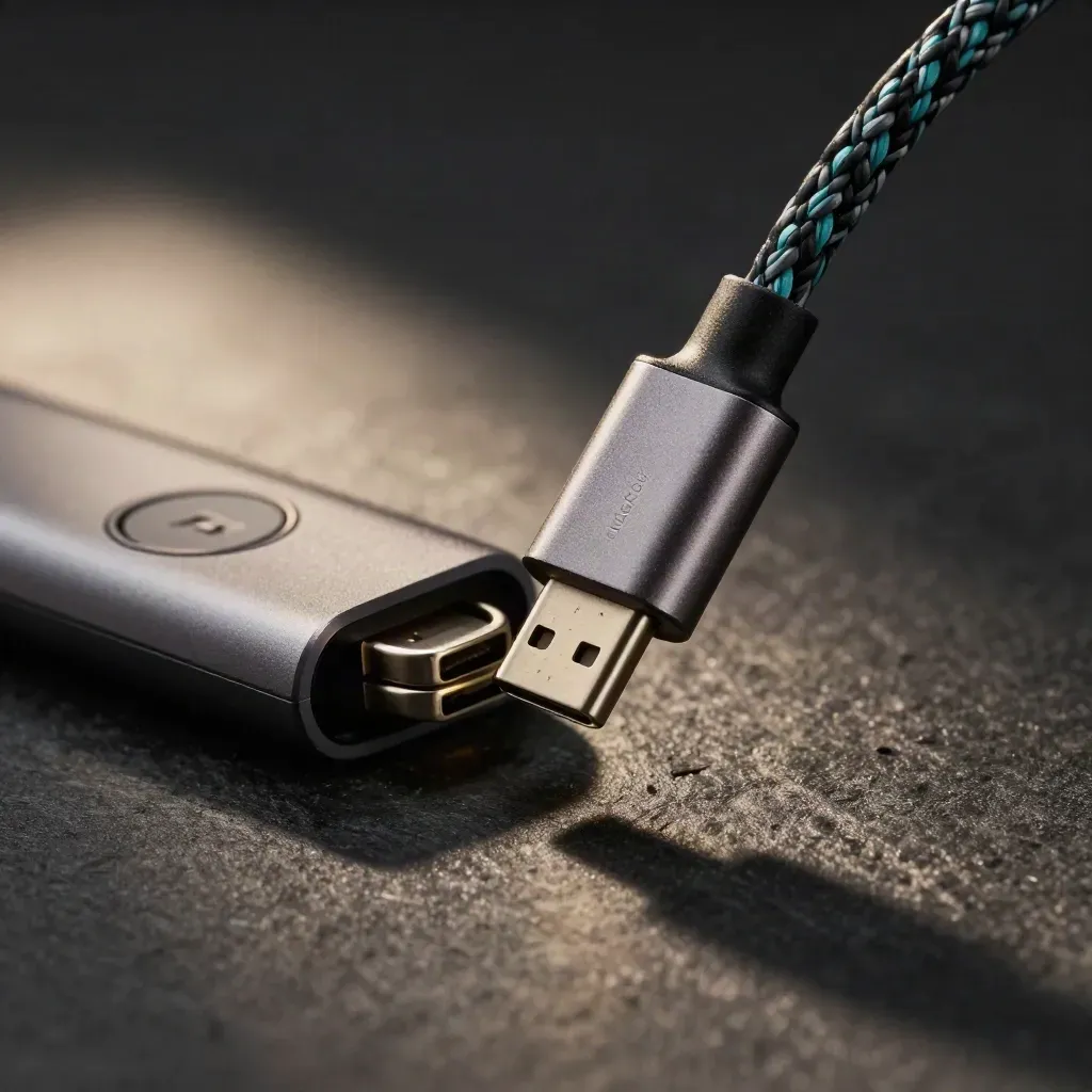 Braided USB-C cable end hovering over a magnetic docking puck with two adapter rings on dark stone