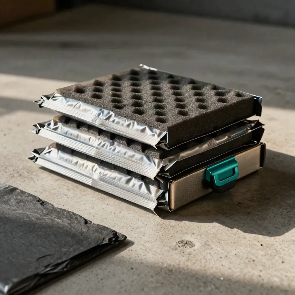 Sealed mailers, foam inserts, and a compact drive caddy on pale concrete with teal accents.