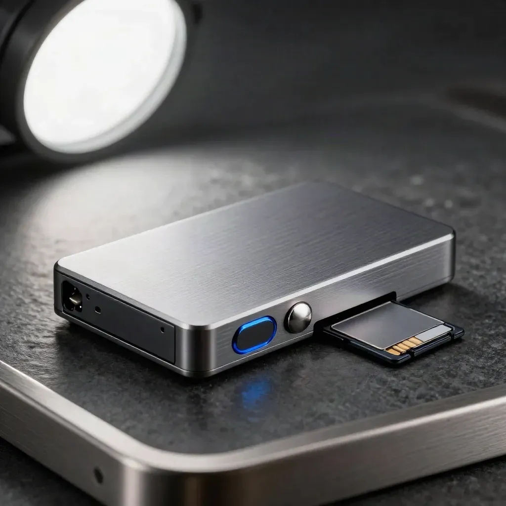 Macro of an aluminum SSD shuttle with two memory cards on dark stone