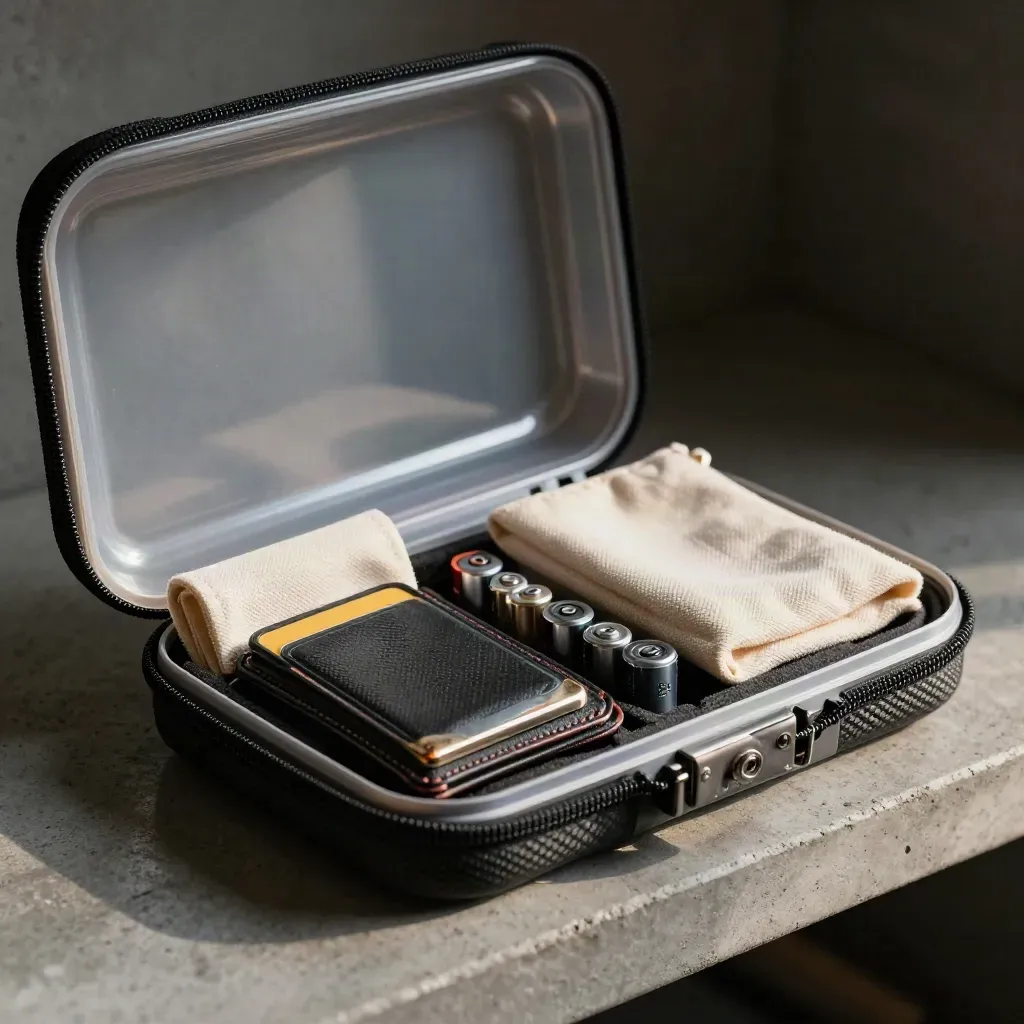 Open gear case with memory-card wallet, battery stack, cloth pouch, and recorder case in moody close-up.