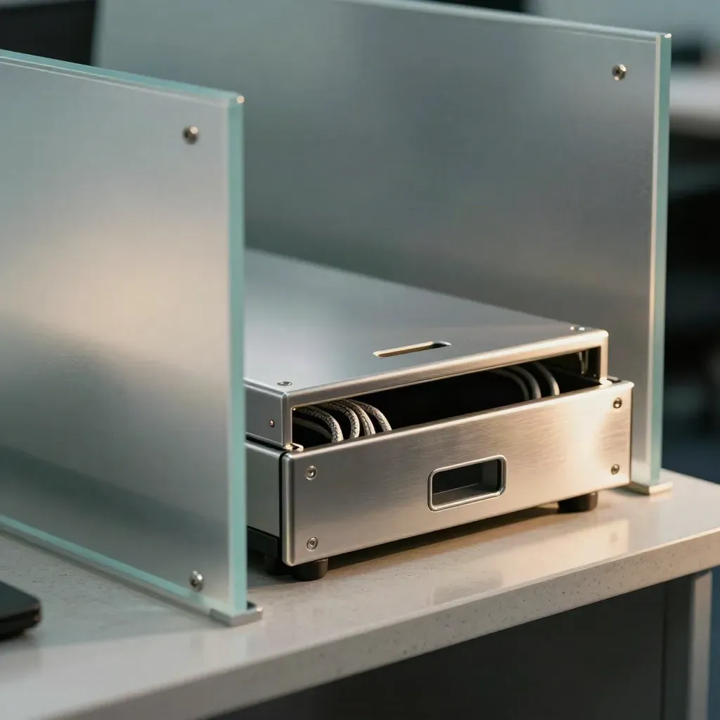 Macro view of a shared drive docking hub, file trays and cable loops behind frosted glass.