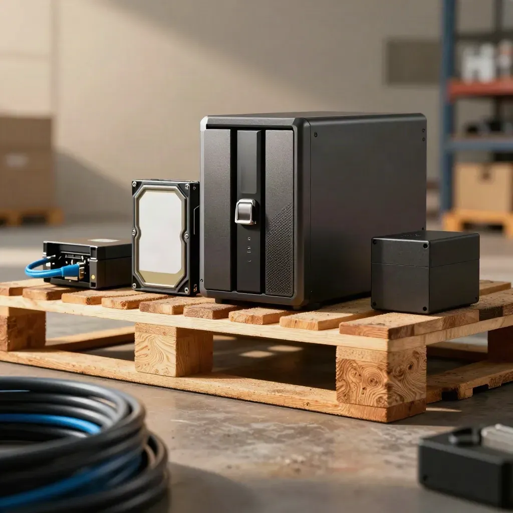 NAS server, backup cartridge, cables and UPS on a warehouse pallet seen through a cable coil