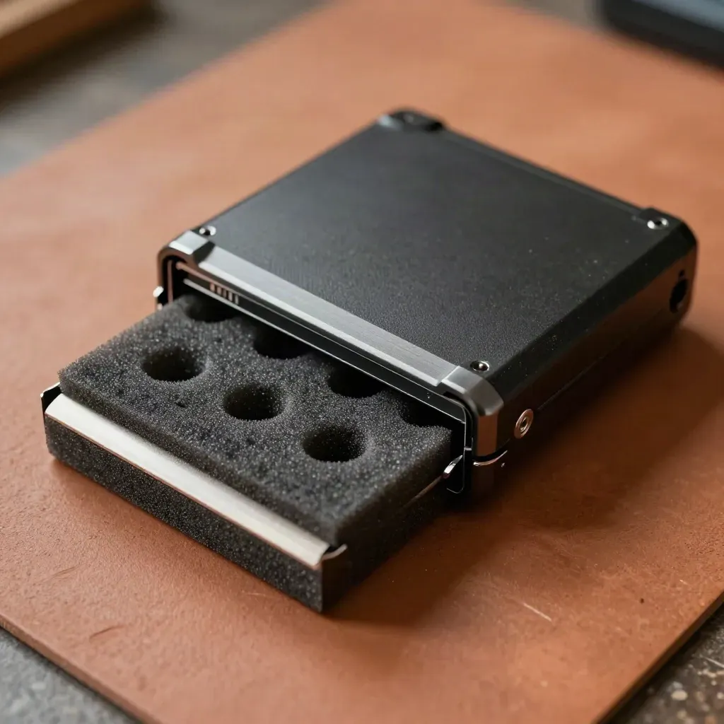 Top-down of an SSD sled, rugged card case, and foam spacer on a terracotta mat.