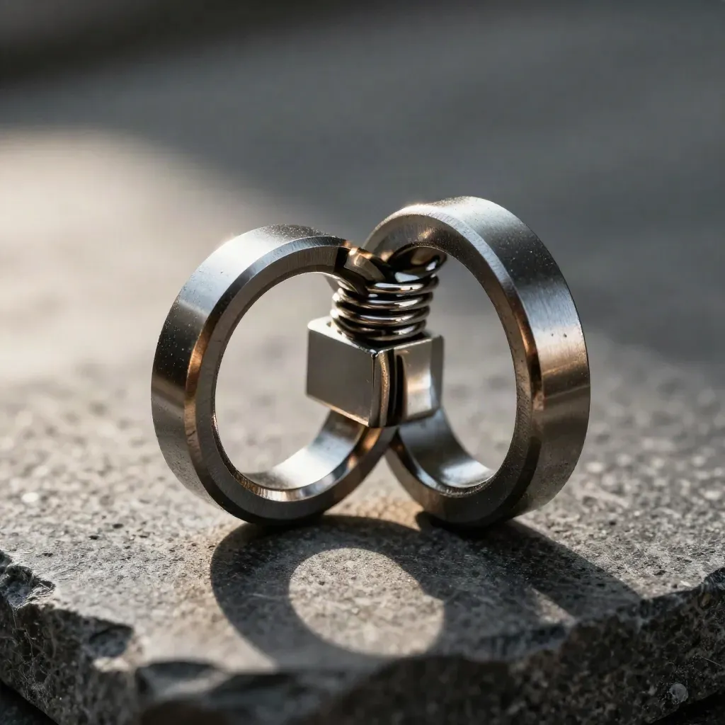 Linked machined rings, spring clip, and coupling block on graphite stone under soft side light.