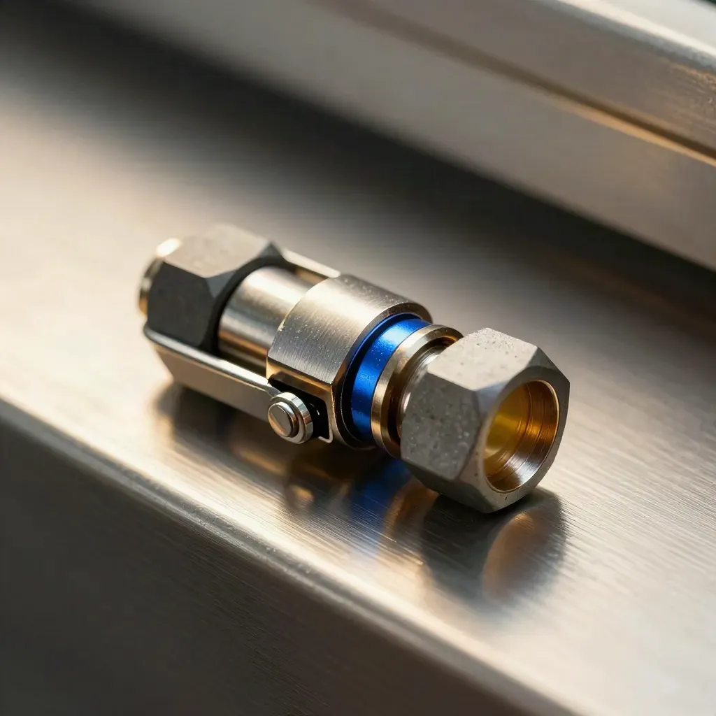 Macro of latched metal connectors and hex standoffs on brushed steel with blue accent