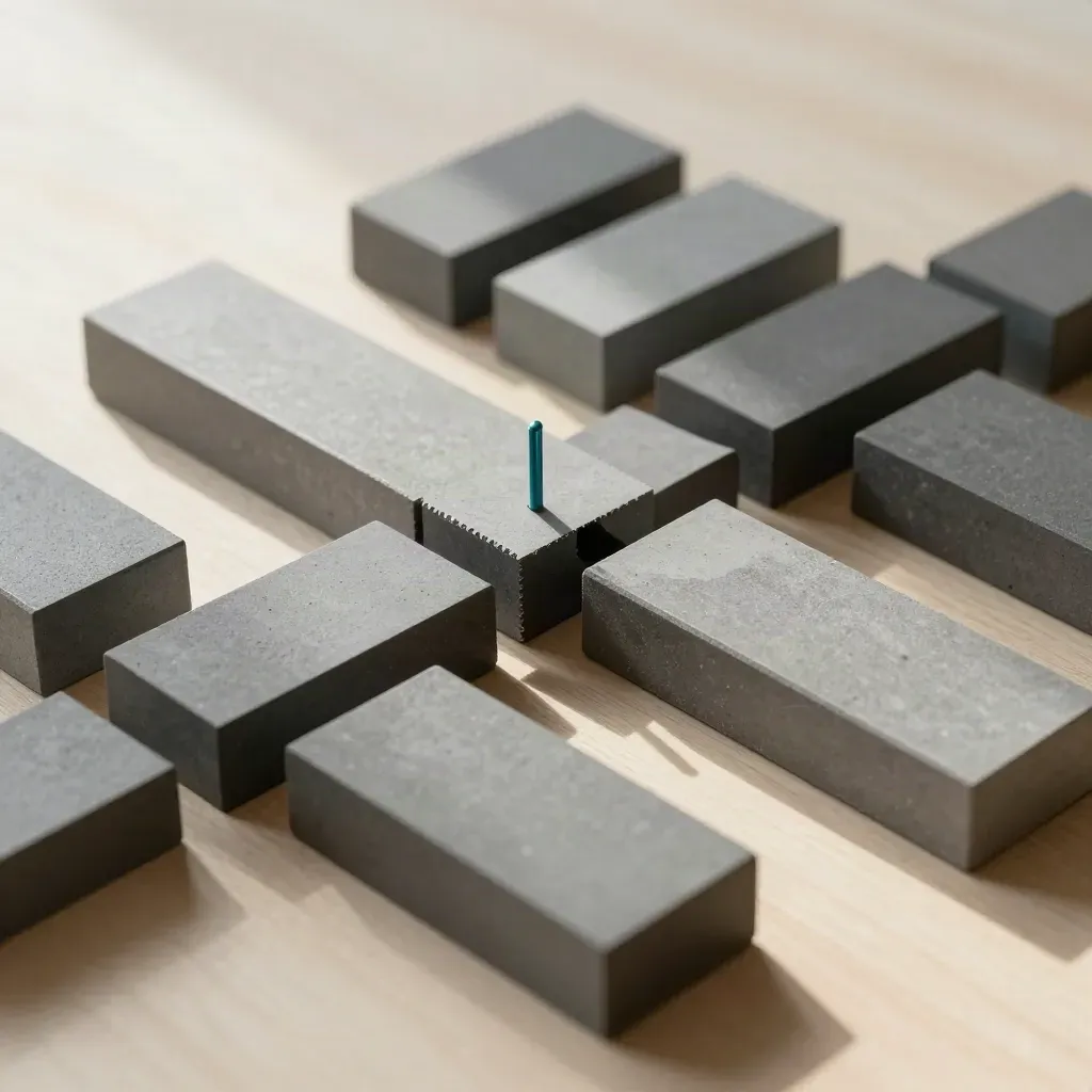 Top-down macro of matte modular blocks with a dovetail joint and teal pin on pale wood.