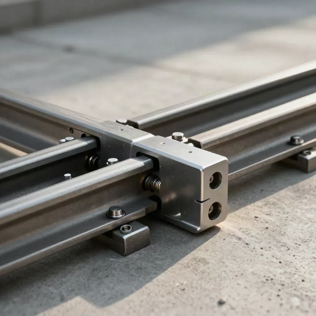 Low-angle still life of interlocking metal rails and a clicked-in corner bracket on concrete.