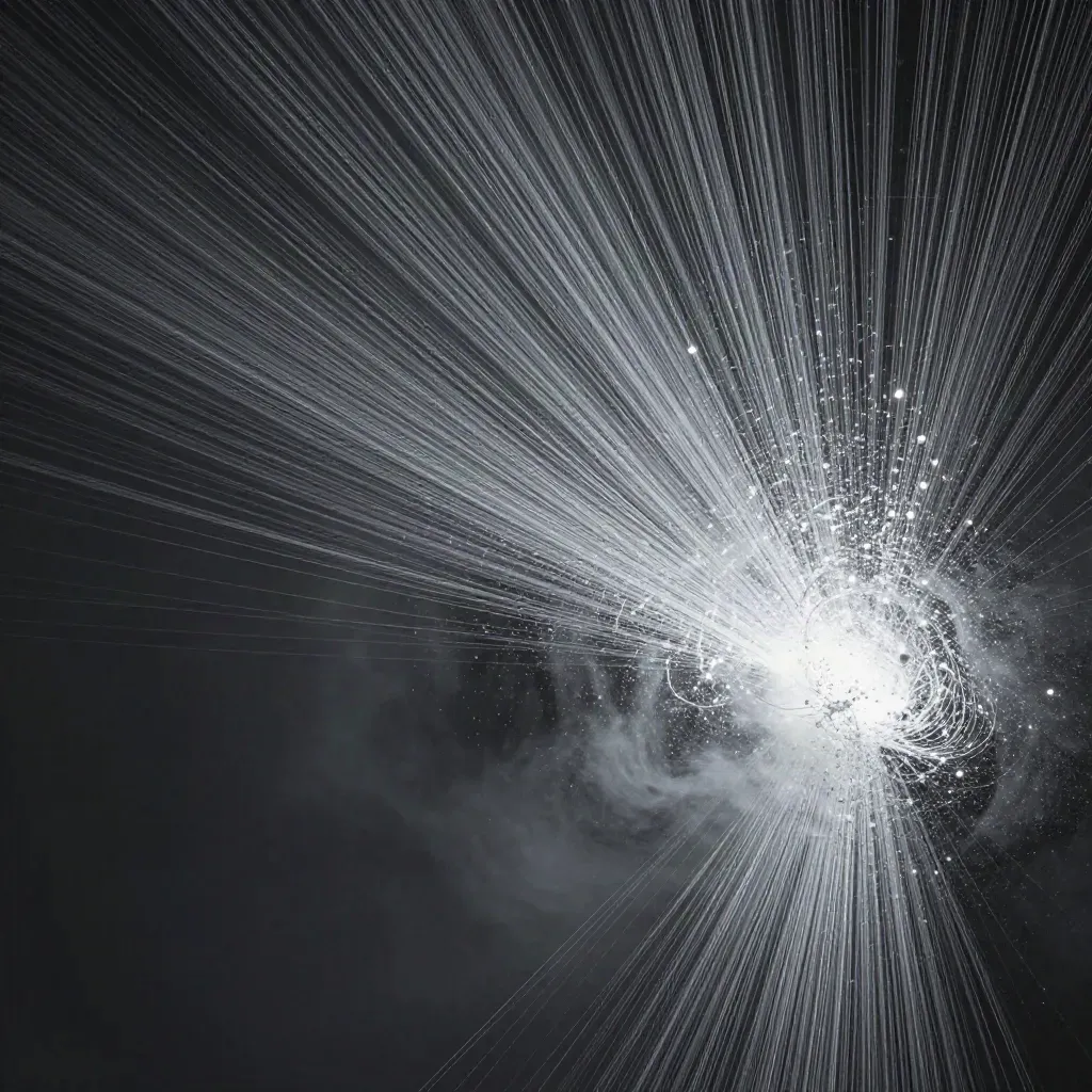 Silver particle streams bloom in charcoal haze with open space for copy.