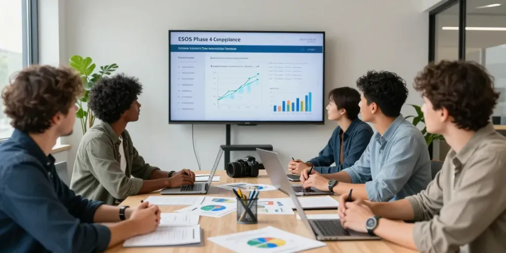 Energy experts discussing Esos phase 4 compliance strategies in a modern office.
